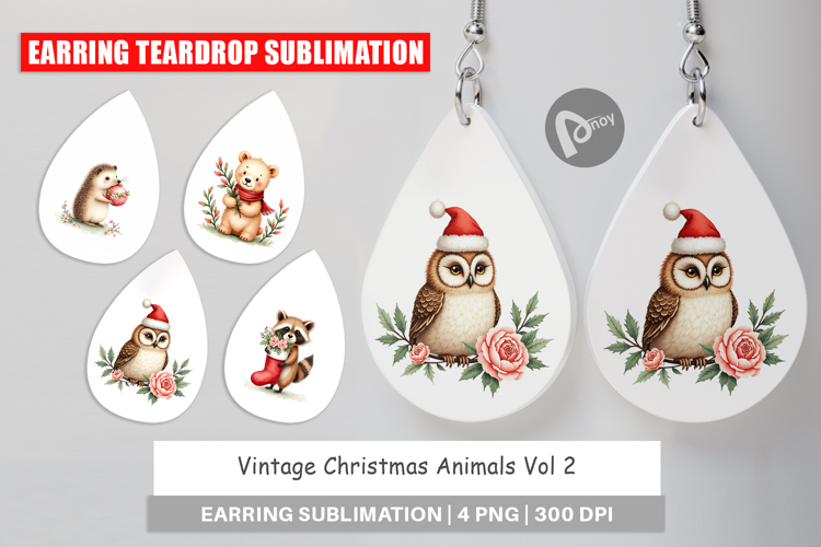Earring Vintage Christmas Animals Watercolor