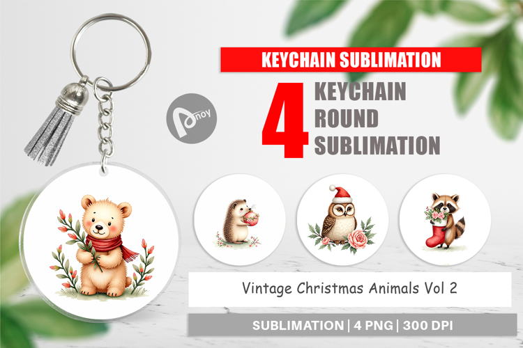 Keychain Vintage Christmas Animals Watercolor