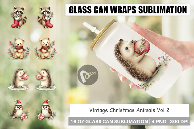 Glass Can Vintage Christmas Animals Watercolor