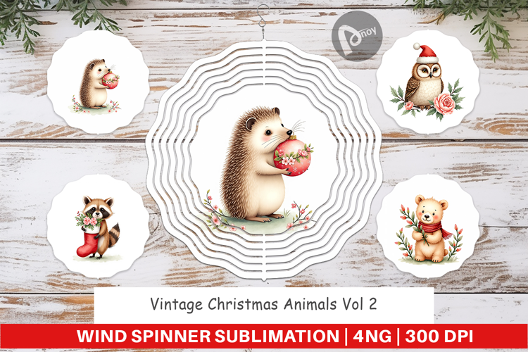 Wind Spinner Vintage Christmas Animals Watercolor