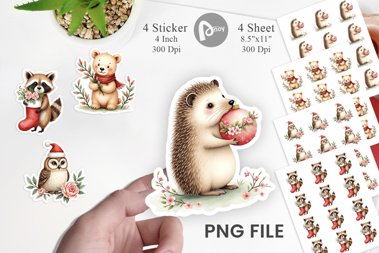 Sticker Vintage Christmas Animals Watercolor