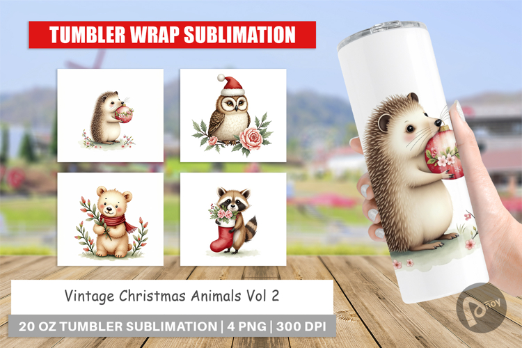 Tumbler Vintage Christmas Animals Watercolor