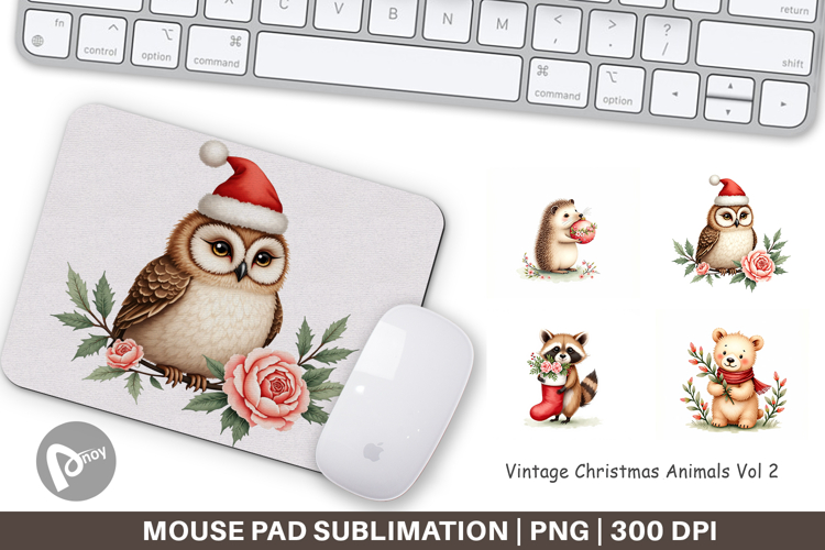 Mouse Pad Vintage Christmas Animals Watercolor
