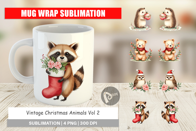 Mug Wrap Vintage Christmas Animals Watercolor