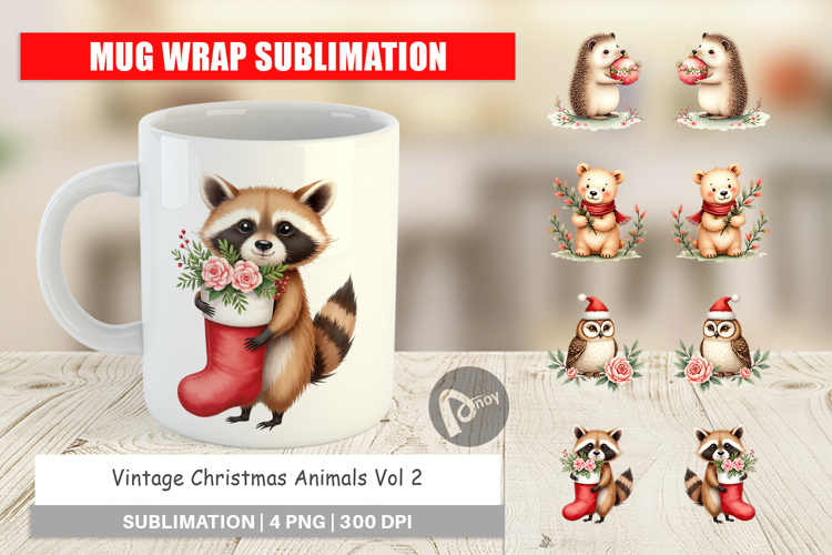 Mug Wrap Vintage Christmas Animals Watercolor