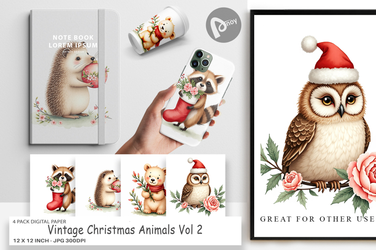 Digital Paper Vintage Christmas Animals Watercolor