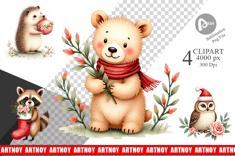 Clipart Vintage Christmas Animals Watercolor