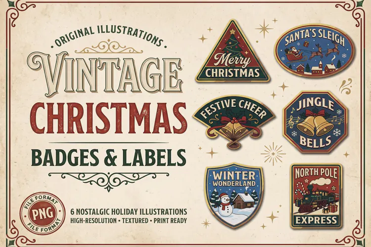 Vintage Christmas Badges & Labels PNG