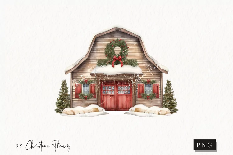 Vintage Festive Barn Clipart | Christmas Clipart