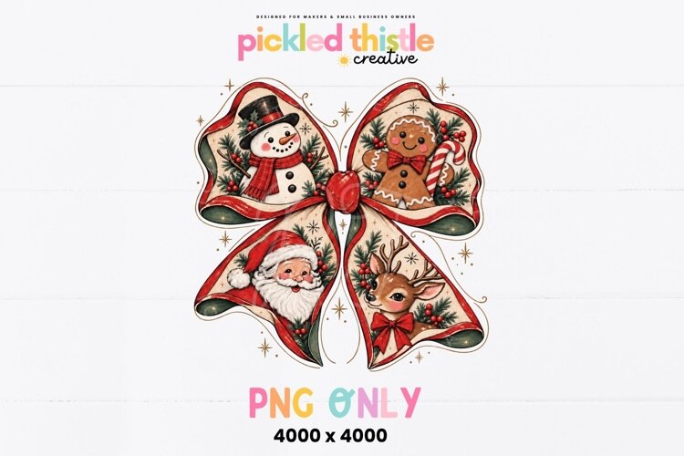 Christmas character PNG with a snowman in a top hat, smiling gingerbread man, traditional Santa and reindeer, each framed within a richly illustrated red and green holiday bow.
