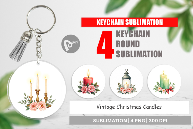 Keychain Vintage Christmas Candles Watercolor