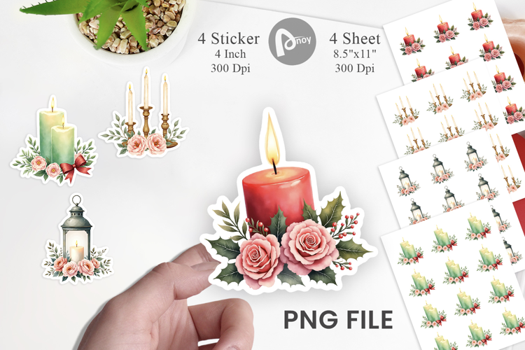 Sticker Vintage Christmas Candles Watercolor