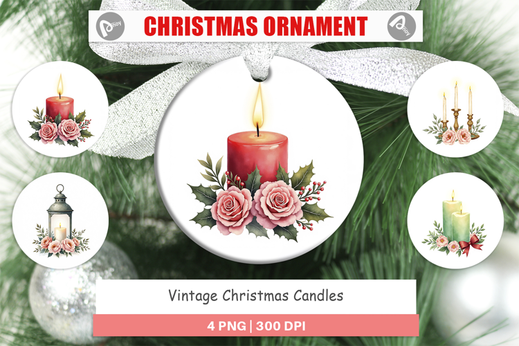 Ornament Vintage Christmas Candles Watercolor