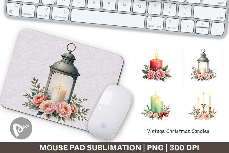Mouse Pad Vintage Christmas Candles Watercolor