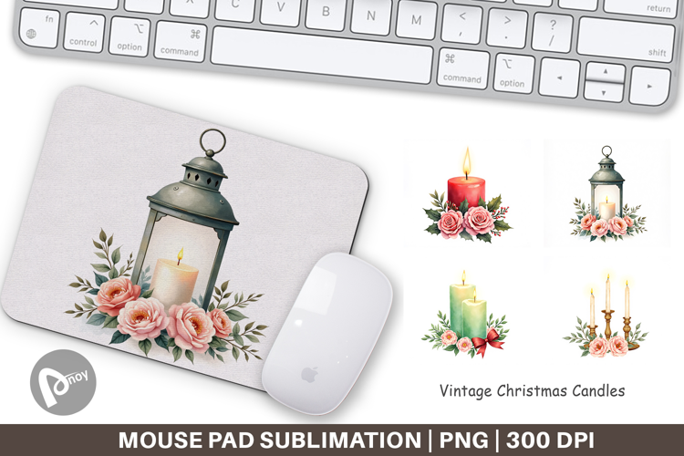 Mouse Pad Vintage Christmas Candles Watercolor