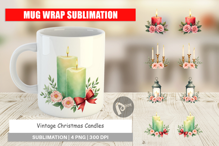 Mug Wrap Vintage Christmas Candles Watercolor