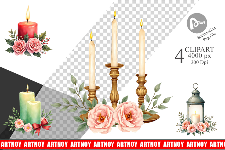 Clipart Vintage Christmas Candles Watercolor