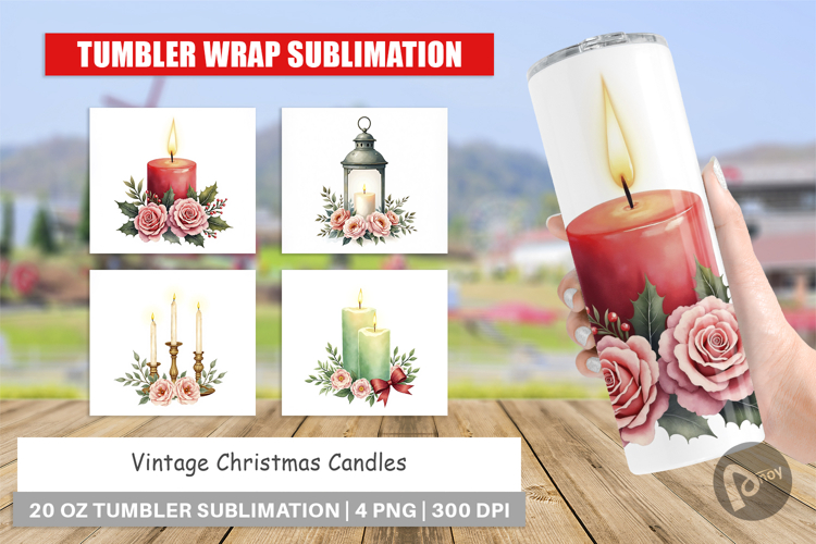 Tumbler Vintage Christmas Candles Watercolor