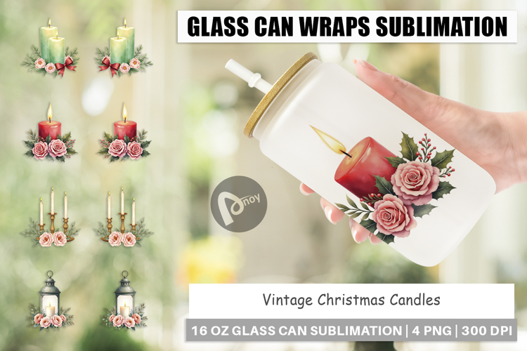Glass Can Vintage Christmas Candles Watercolor