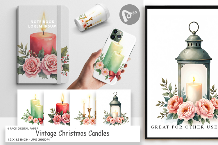 Digital Paper Vintage Christmas Candles Watercolor