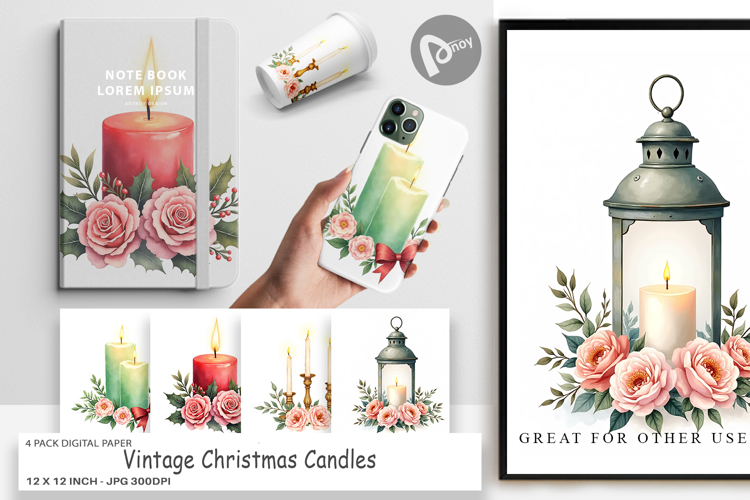 Digital Paper Vintage Christmas Candles Watercolor