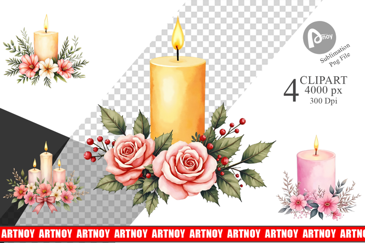 Clipart Vintage Christmas Candles Watercolor