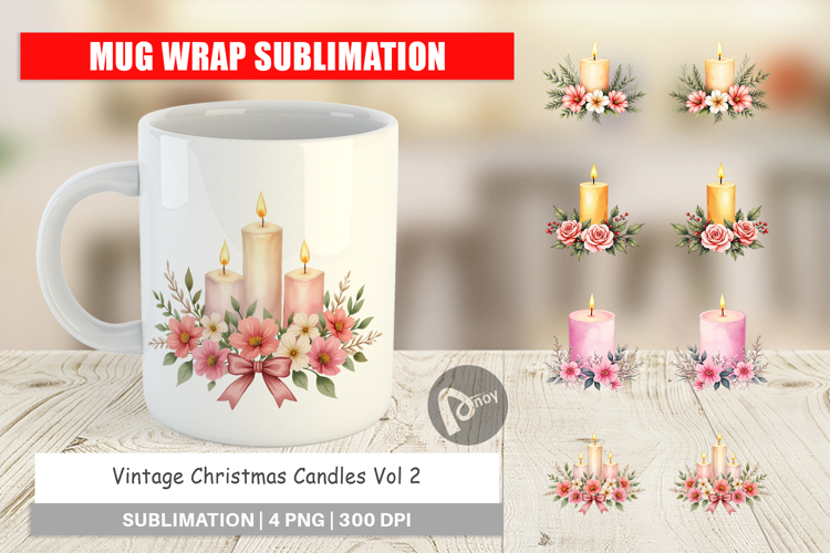 Mug Wrap Vintage Christmas Candles Watercolor