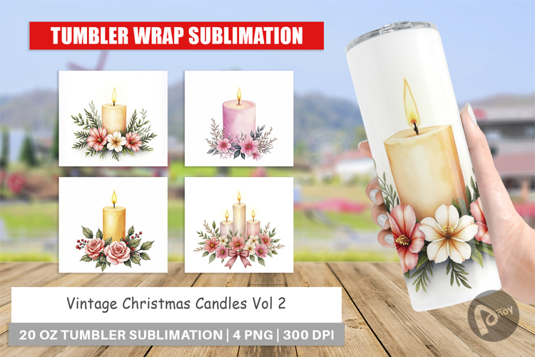 Tumbler Vintage Christmas Candles Watercolor
