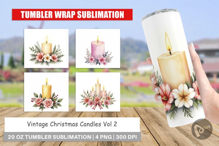 Tumbler Vintage Christmas Candles Watercolor