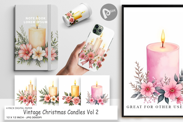 Digital Paper Vintage Christmas Candles Watercolor