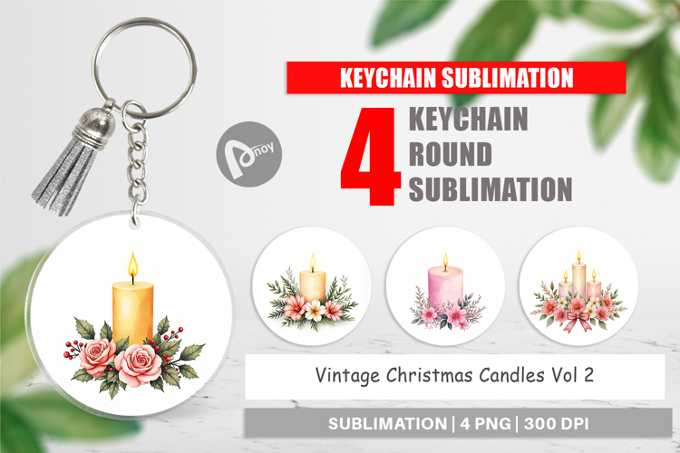 Keychain Vintage Christmas Candles Watercolor