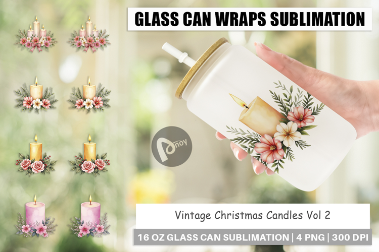 Glass Can Vintage Christmas Candles Watercolor