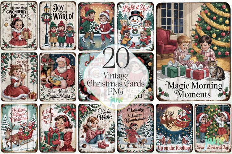 Vintage Christmas Cards PNG Bundle
