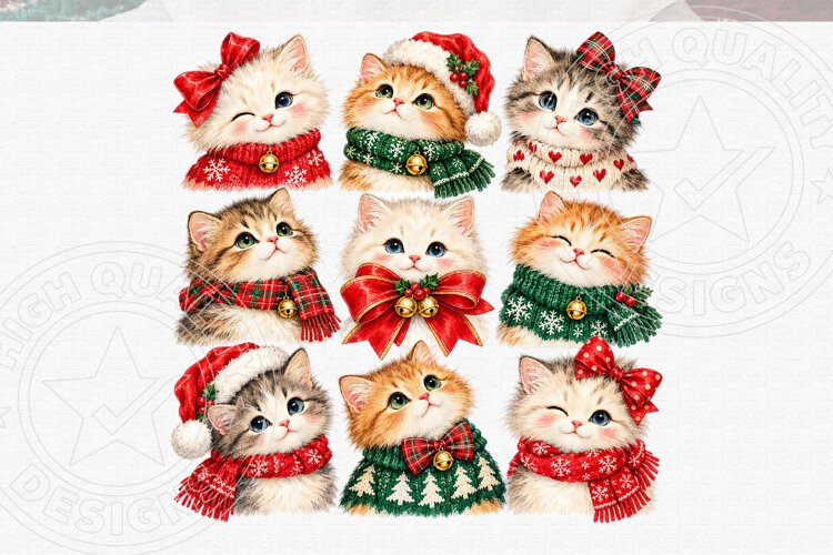 Vintage Christmas Cats Clipart PNG example image 1