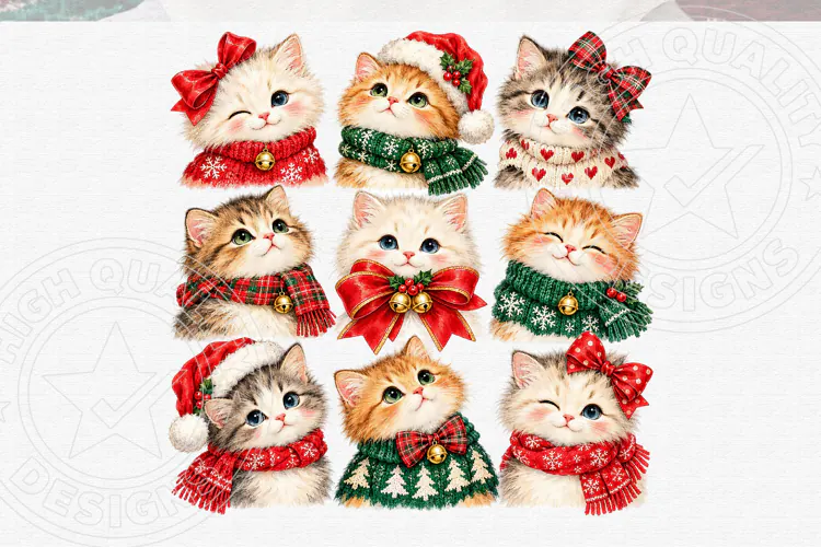 Vintage Christmas Cats Clipart PNG