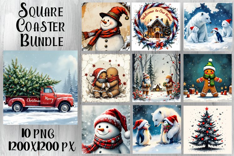 Vintage Christmas Sublimation, retro square Coaster Design