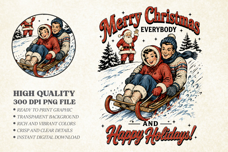 Vintage Christmas Couple on Sled PNG, Nostalgic Holiday