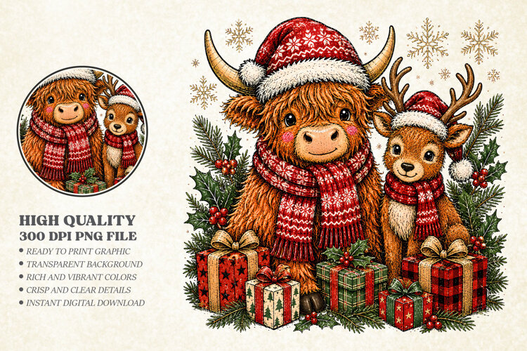 Vintage Christmas Cow Winter PNG, Reindeer Cute Retro Design example image 1