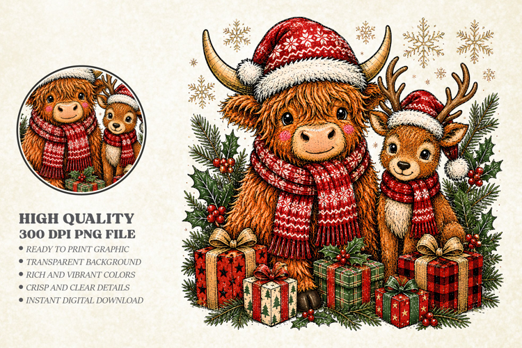 Vintage Christmas Cow Winter PNG, Reindeer Cute Retro Design