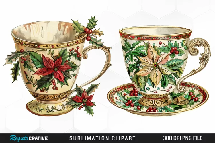 Vintage Christmas Cups Illustration PNG Clipart