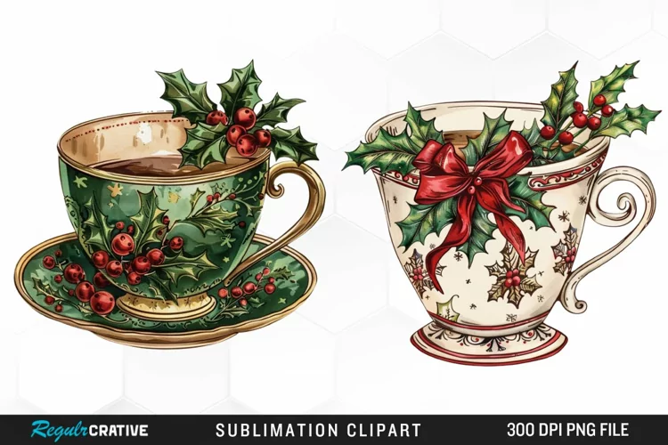 Vintage Christmas Cups Sublimation PNG Clipart