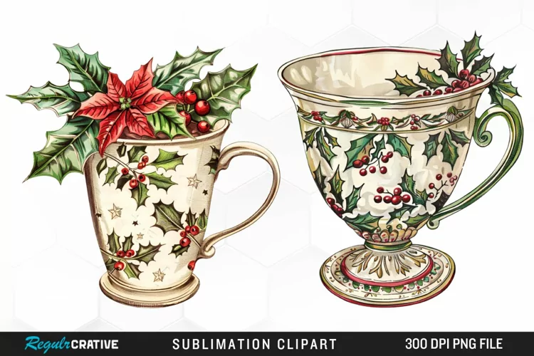 Vintage Christmas Cups Illustration PNG Clipart