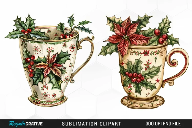 Vintage Christmas Cups Illustration PNG Clipart