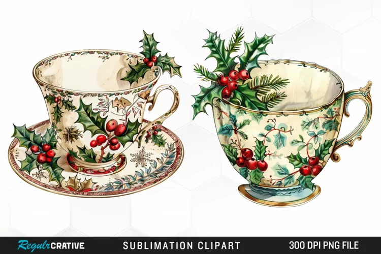 Vintage Christmas Cups Illustration PNG Clipart