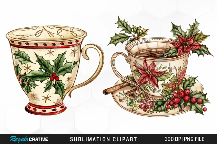 Vintage Christmas Cups Illustration PNG Clipart