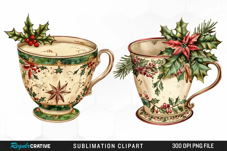 Vintage Christmas Cups Sublimation PNG Clipart