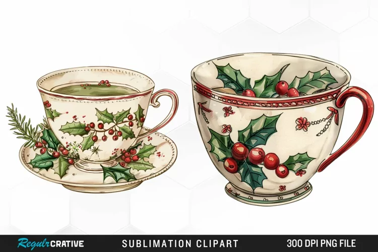 Vintage Christmas Cups Sublimation PNG Clipart