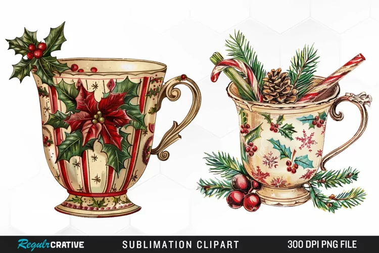 Vintage Christmas Cups Sublimation PNG Clipart