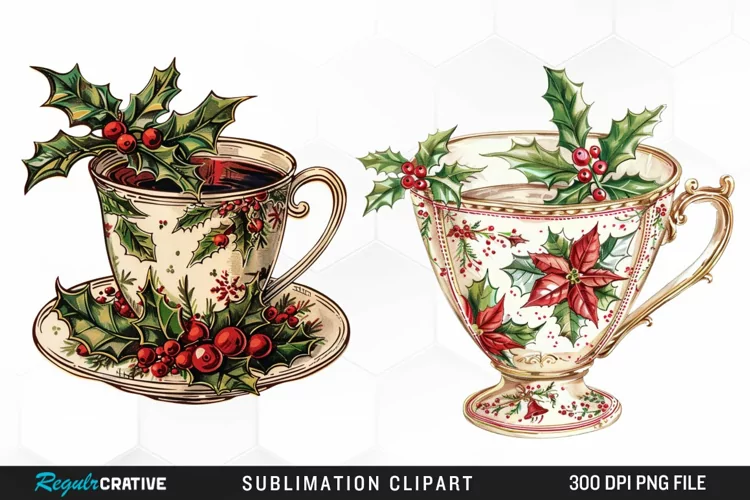 Vintage Christmas Cups Sublimation PNG Clipart
