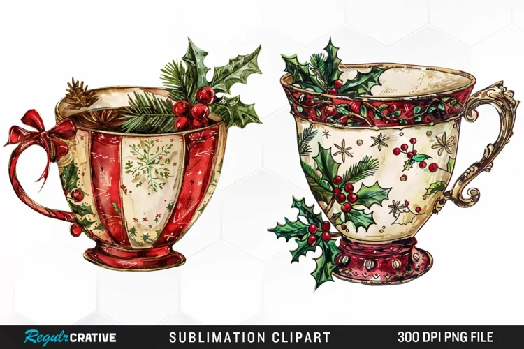 Vintage Christmas Cups Sublimation PNG Clipart